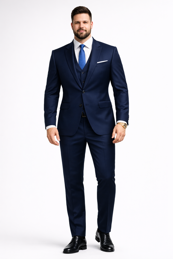 Mens 2 Button Skinny Vested Wool Navy Blue  Suit