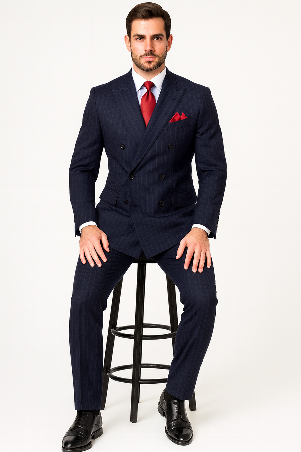 "Navy Pinstripe Wool Vested Suit - Men's Double Breasted Fashion"