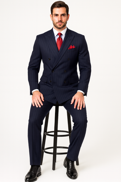 "Navy Pinstripe Wool Vested Suit - Men's Double Breasted Fashion"