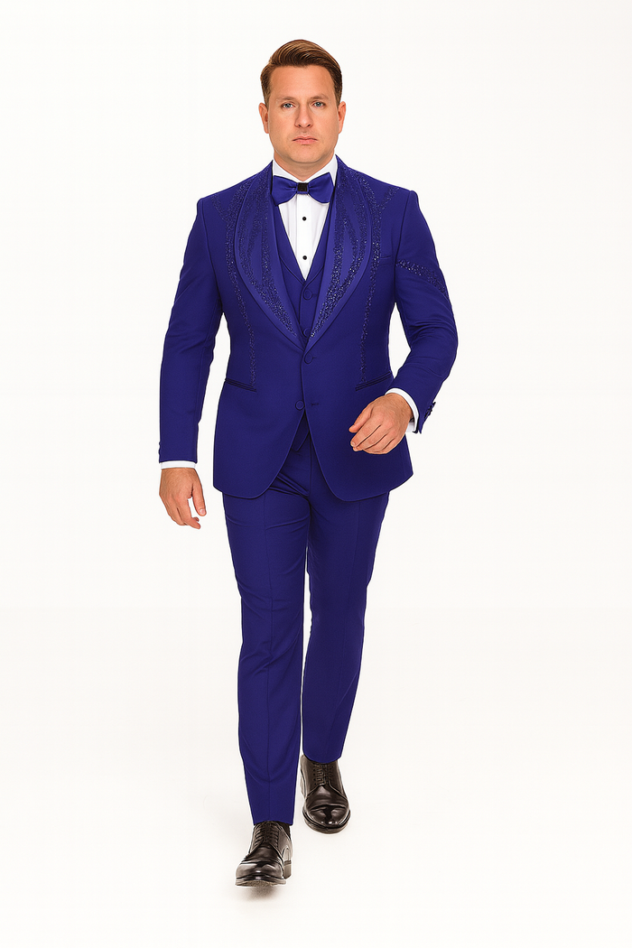 Alberto Nardoni royal blue Italian wool tuxedo. Modern fit, 3-piece. Tailored jacket w/ structured shoulders, decorative stitching. Matching trousers, vest with subtle sheen.