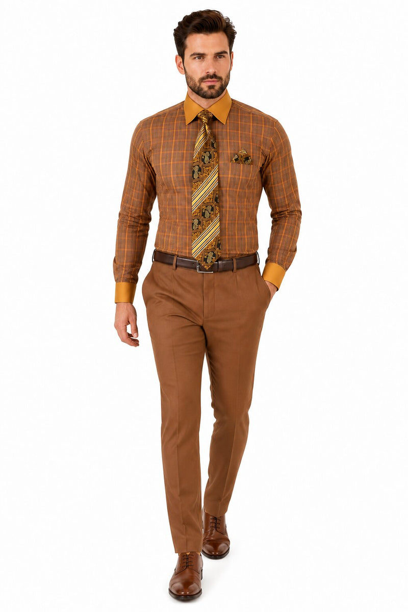Mens Rust Tone on Tone Check Pattern Dress Shirt