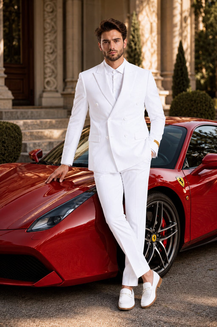 Mens Double Breasted Summer Seersucker Suit in White Pinstripe