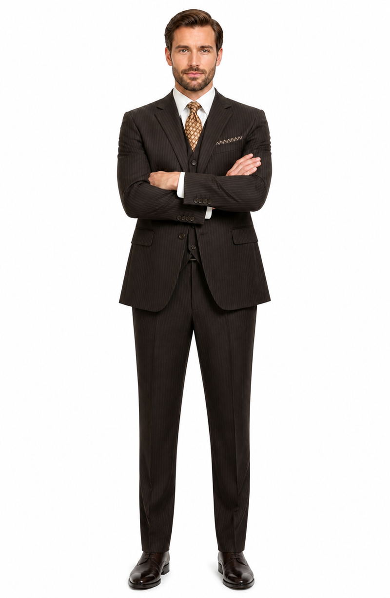 Classic Vested 3 Pieces 2 Button Dark Brown Stripe ~ Pinstripe Men's Suit Discounted Sale
