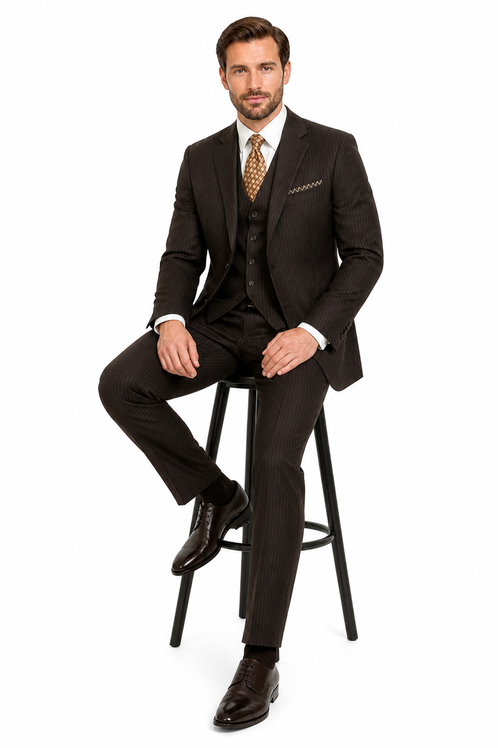 Classic Vested 3 Pieces 2 Button Dark Brown Stripe ~ Pinstripe Men's Suit Discounted Sale