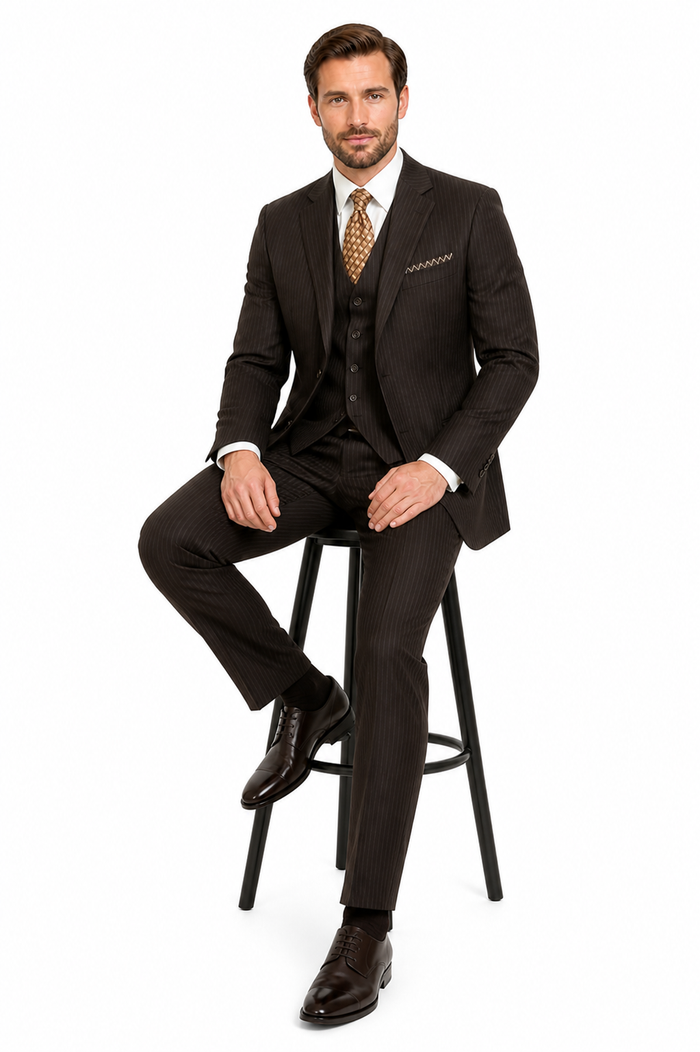 Classic Vested 3 Pieces 2 Button Dark Brown Stripe ~ Pinstripe Men's Suit Discounted Sale