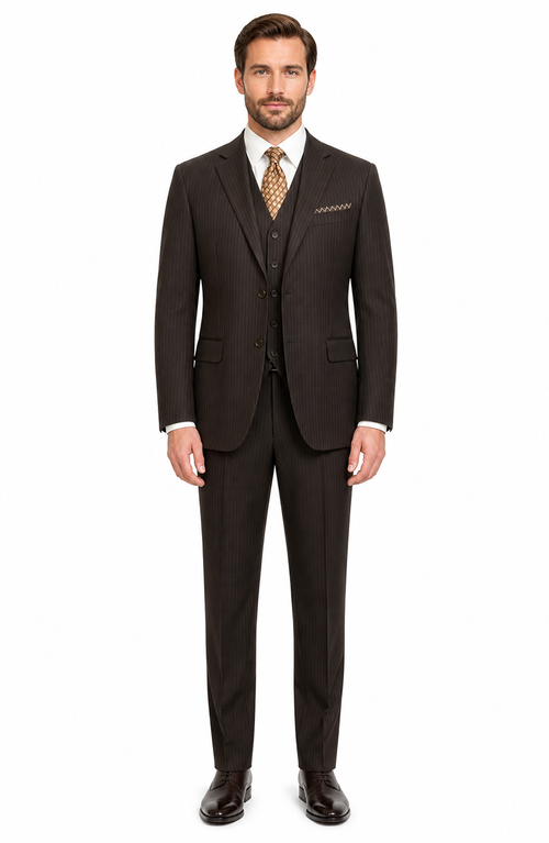 Classic Vested 3 Pieces 2 Button Dark Brown Stripe ~ Pinstripe Men's Suit Discounted Sale