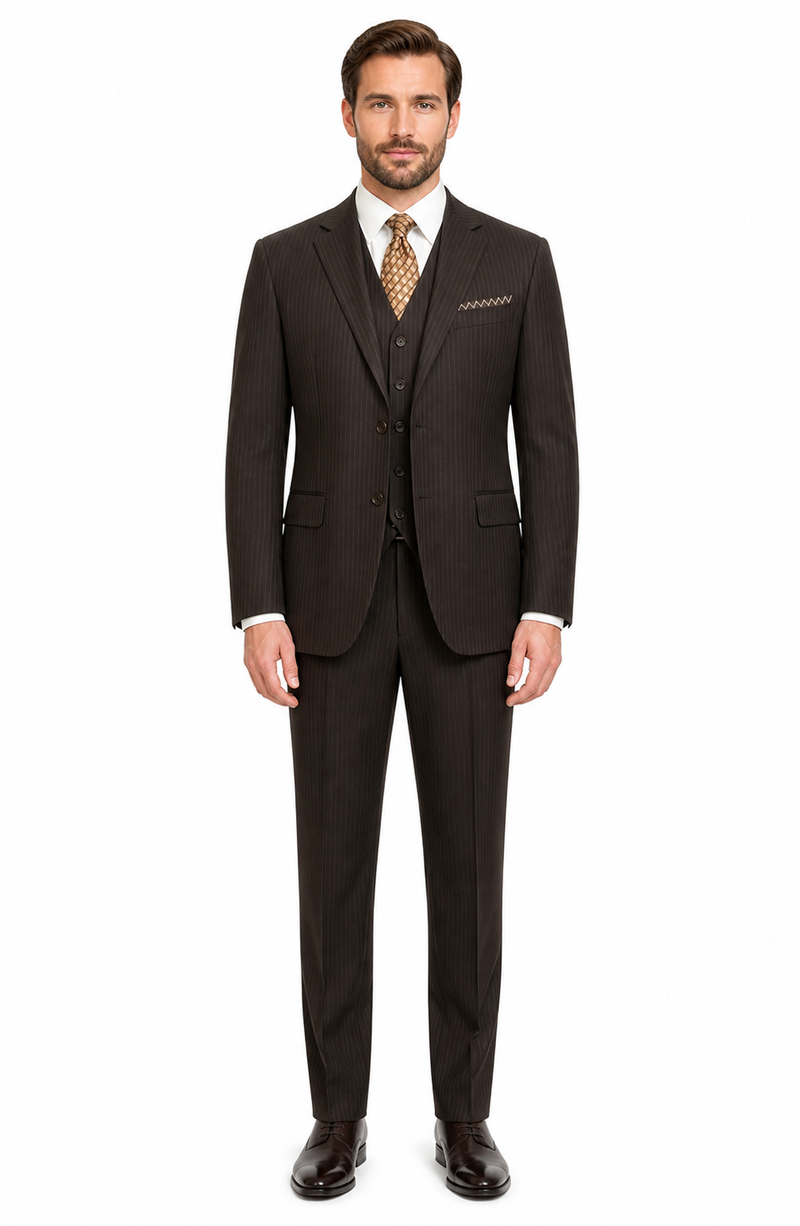 Classic Vested 3 Pieces 2 Button Dark Brown Stripe ~ Pinstripe Men's Suit Discounted Sale
