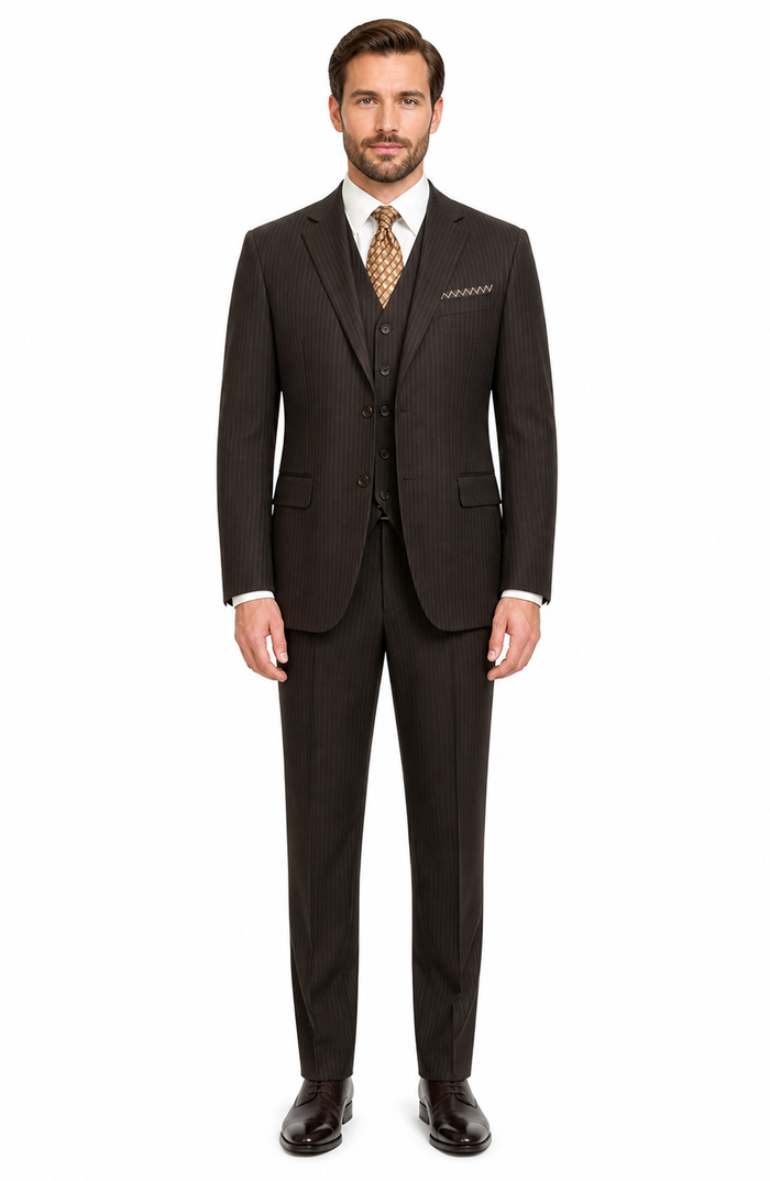 Classic Vested 3 Pieces 2 Button Dark Brown Stripe ~ Pinstripe Men's Suit Discounted Sale