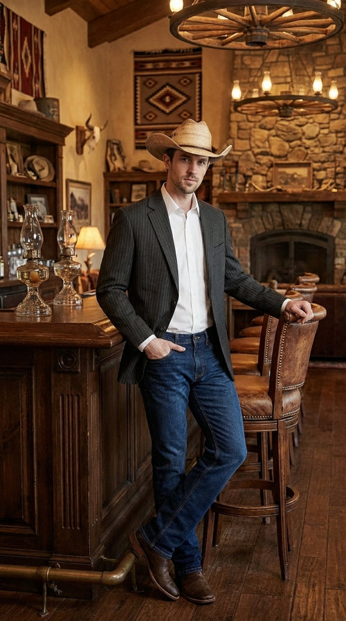 Mens Black Pinstripe Western Blazer – Classic Cowboy Style Jacket for Business, Formal and Smart Casual Wear