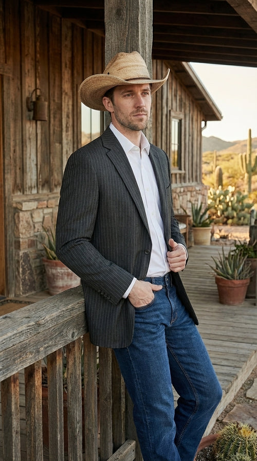 Mens Black Pinstripe Western Blazer – Classic Cowboy Style Jacket for Business, Formal and Smart Casual Wear