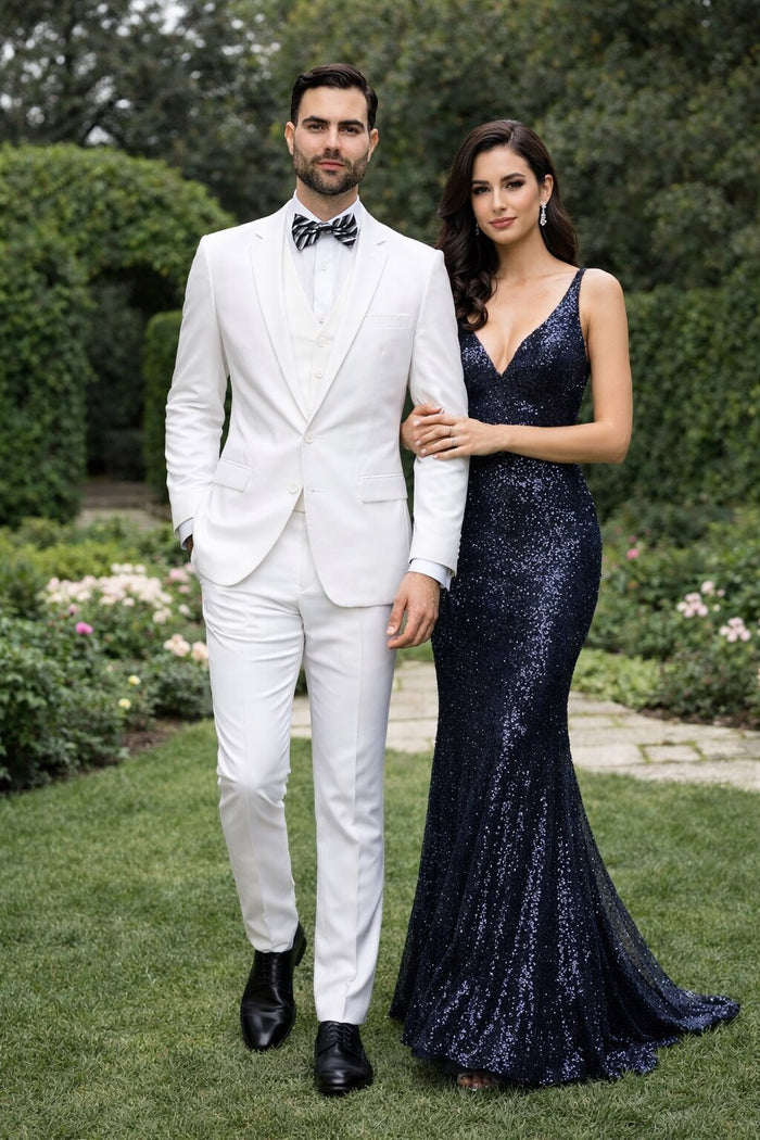 Men’s 2 Button Vested Skinny Suit in White – Modern 3-Piece Formal Ensemble