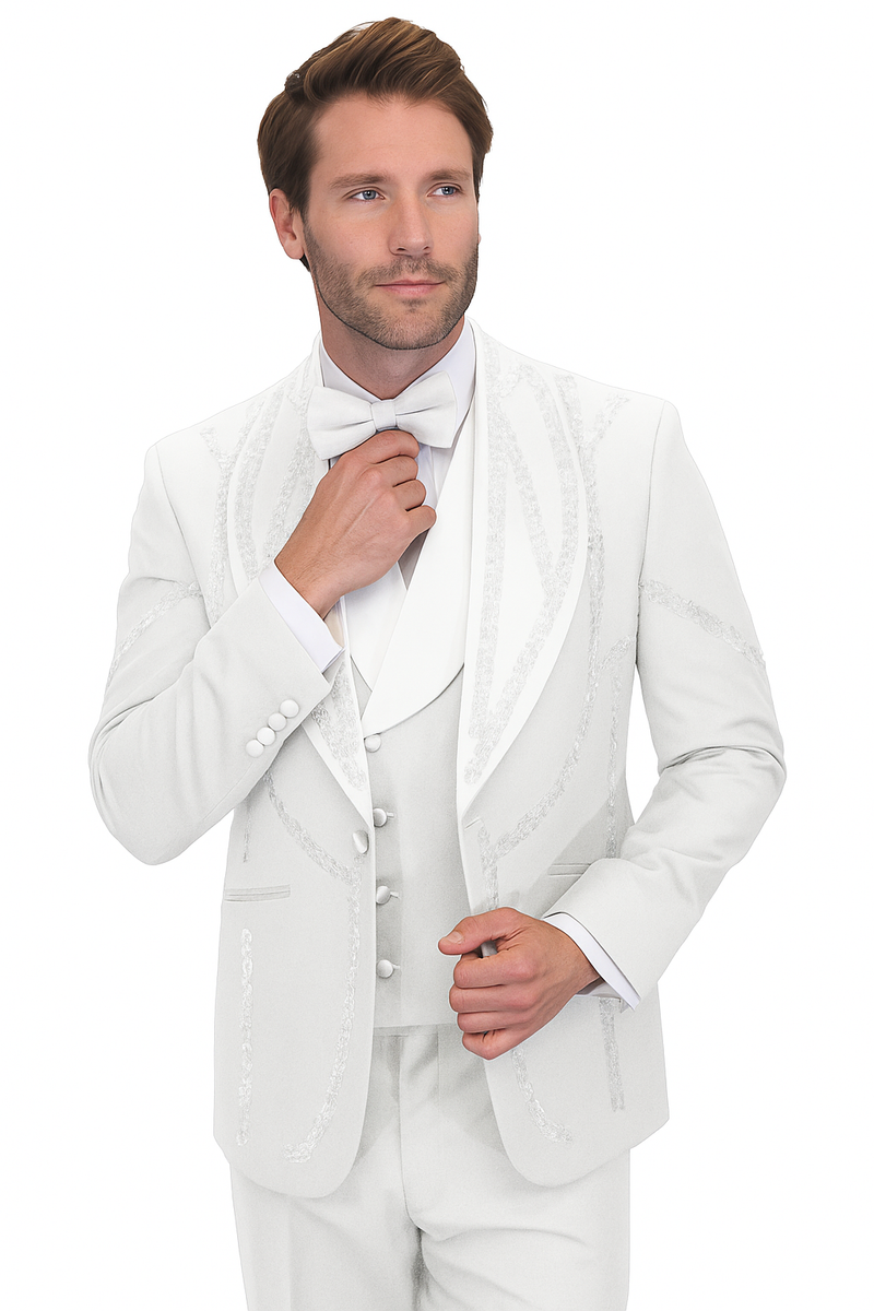 Modern fit white Italian wool tuxedo. Includes jacket (textured pattern, satin peak lapel), vest, and pants. Smooth wool fabric. Elegant for formal events.

