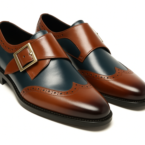 Mens Leather Wingtip Monk Strap Dress Shoe in Brown & Navy