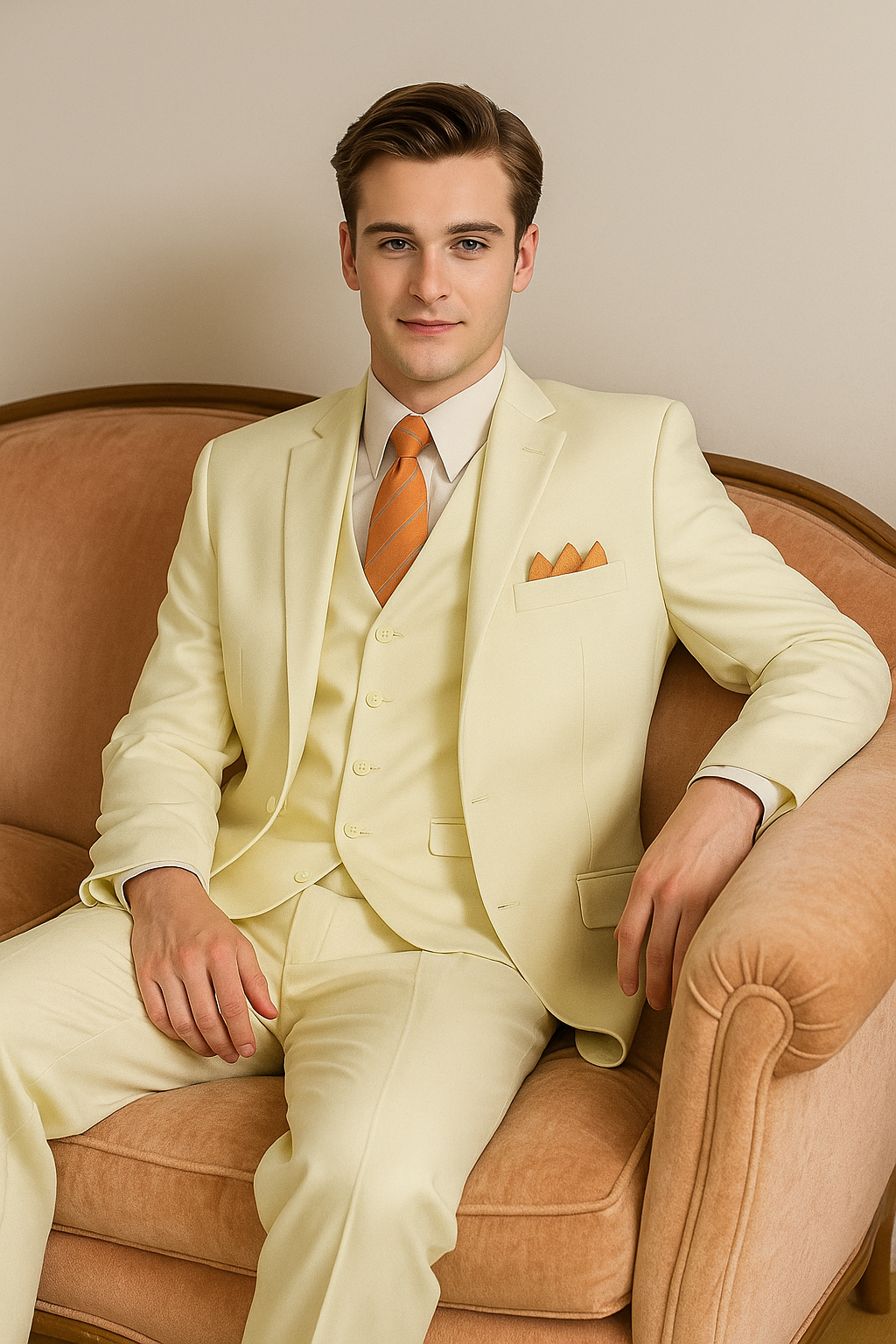 "Classic Fit Men's Three-Button Ivory Suit with Vest and Pleated Pants"