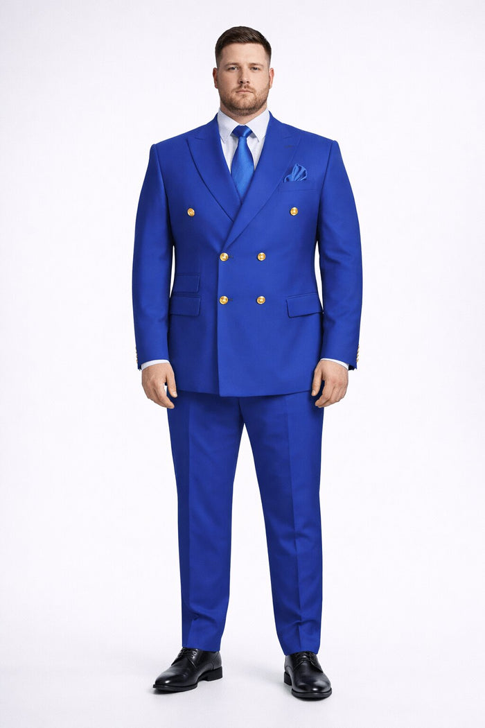 Mens Designer Modern Fit Double Breasted Wool Suit with Gold Buttons in Cobalt Blue