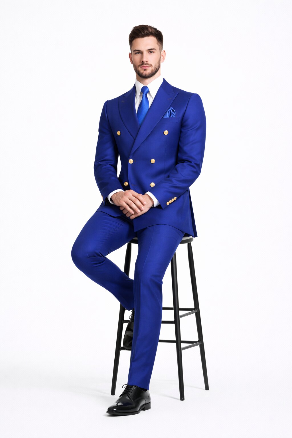 Mens Designer Modern Fit Double Breasted Wool Suit with Gold Buttons in Cobalt Blue