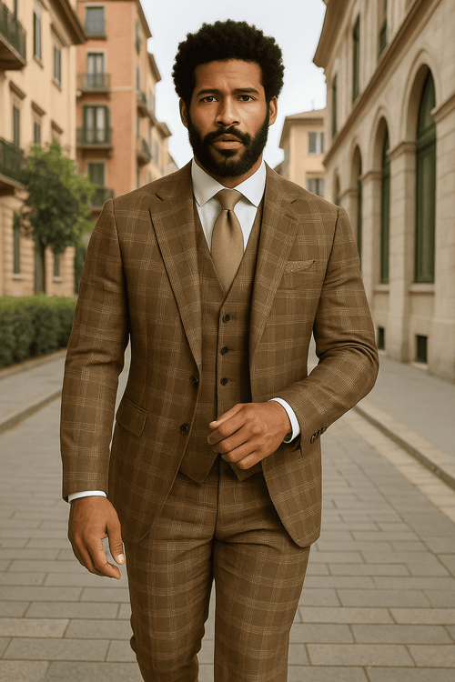 Wool Suit - Italian Made Business Suit by Statement Men's 3 Piece 100% Wool Modern Fit Suit - Sharp Plaid Pattern