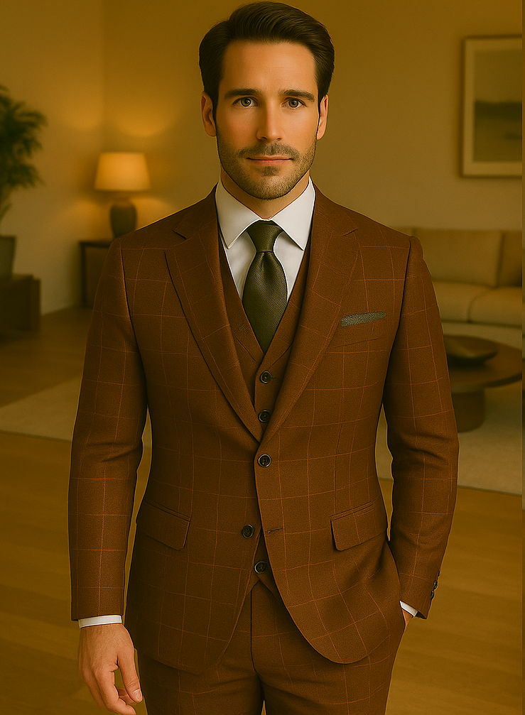 Wool Suit - Italian Made Business Suit by Statement Men's 3 Piece 100% Wool Modern Fit Suit - V-Neck Double Breasted Vest