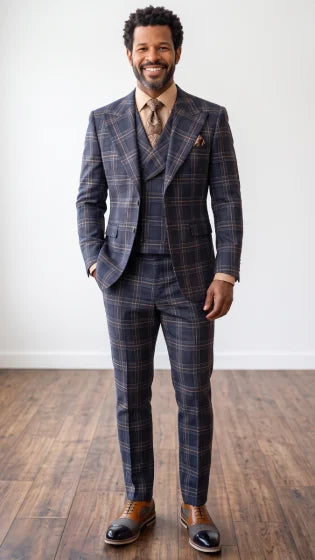 Men's 3-Piece 100% Wool Tailored Fit Plaid Suit – Double-Breasted Vest