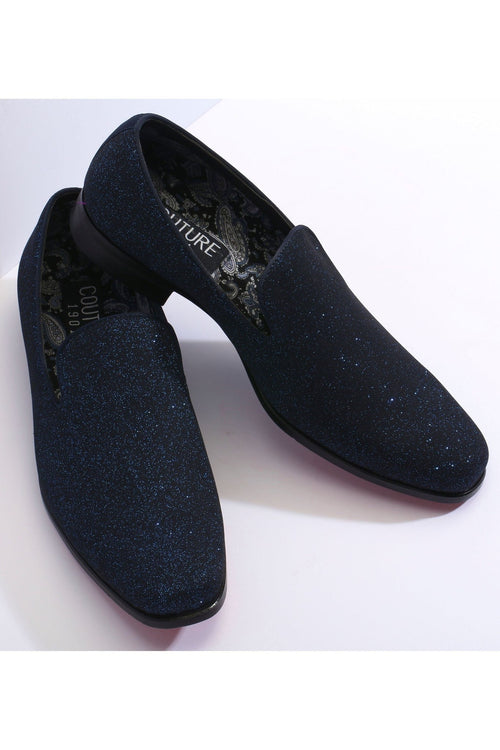 Alberto Nardoni's Cash Royal Blue 1901 tuxedo shoes: slip-on, pointed toe, low profile, textured royal blue glitter upper. Black sole. Black & white paisley lining.