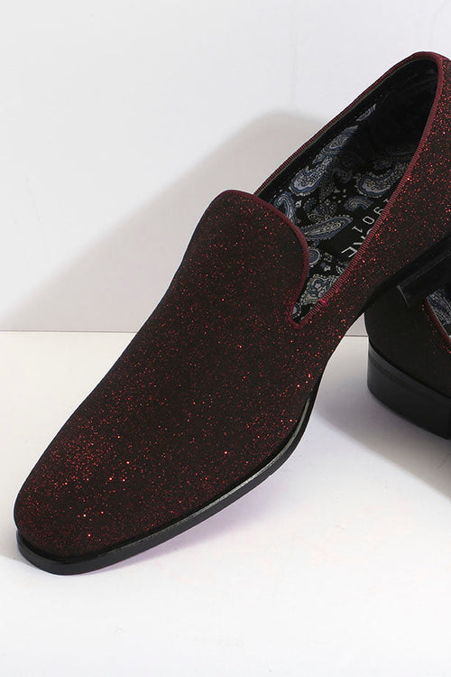 Alberto Nardoni, 1910s tuxedo shoes. Slip-on, pointed toe, red glitter fabric. Black sole. Patterned interior lining. Chic, vintage style.