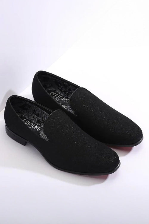 Cash black 1910 tuxedo shoes: Sleek, pointed-toe design with a matte black finish and textured fabric upper. Features a low, flat heel and patterned interior lining.