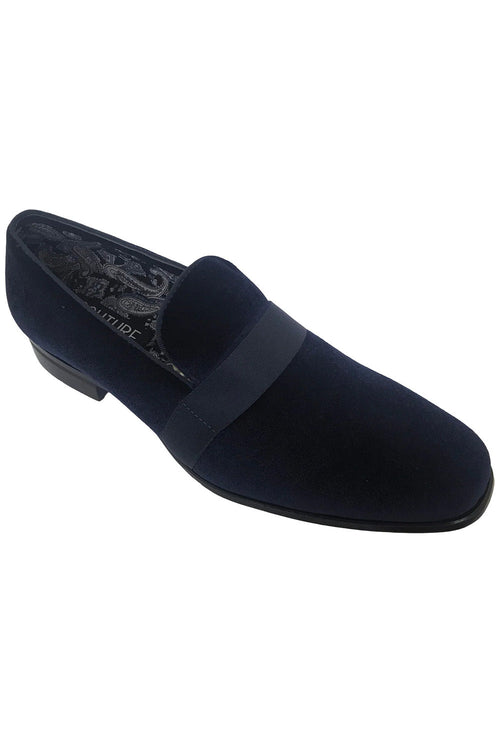 Navy Couture 1910 tuxedo shoes: Sleek, elongated silhouette with navy fabric upper. Tonal instep band and low stacked heel. Paisley-lined interior.