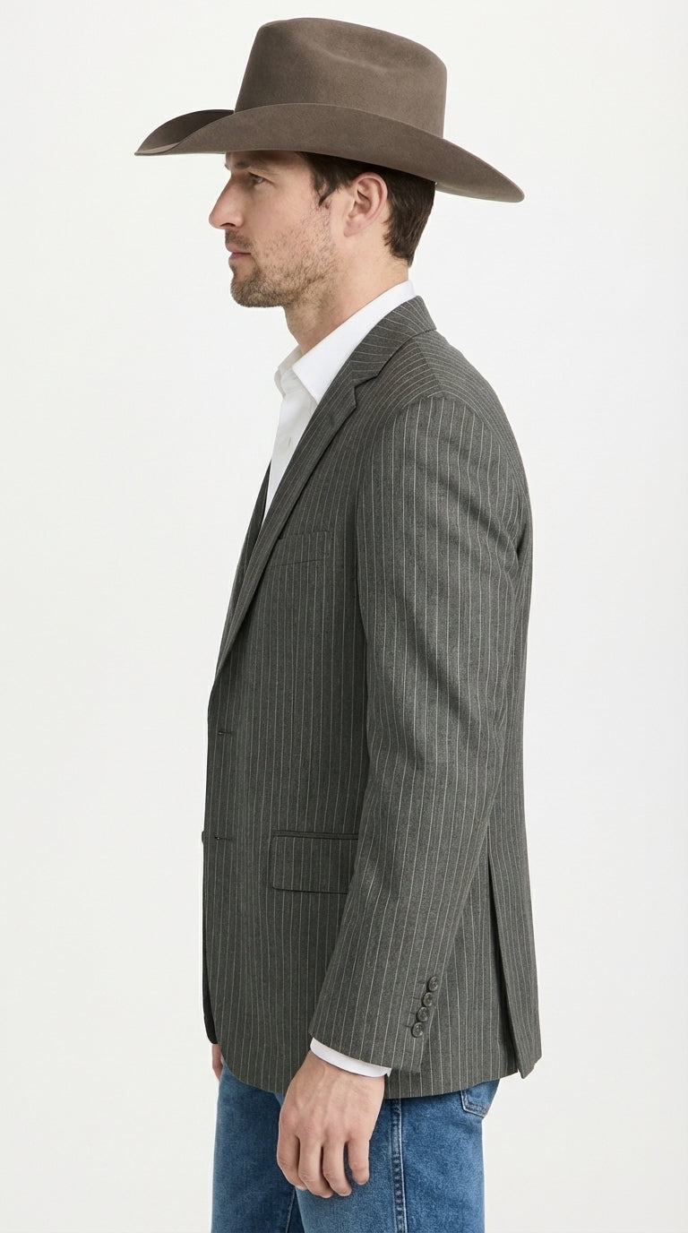 Mens Charcoal Gray Pinstripe Western Blazer – Classic Cowboy Style Jacket for Business, Formal and Smart Casual Wear