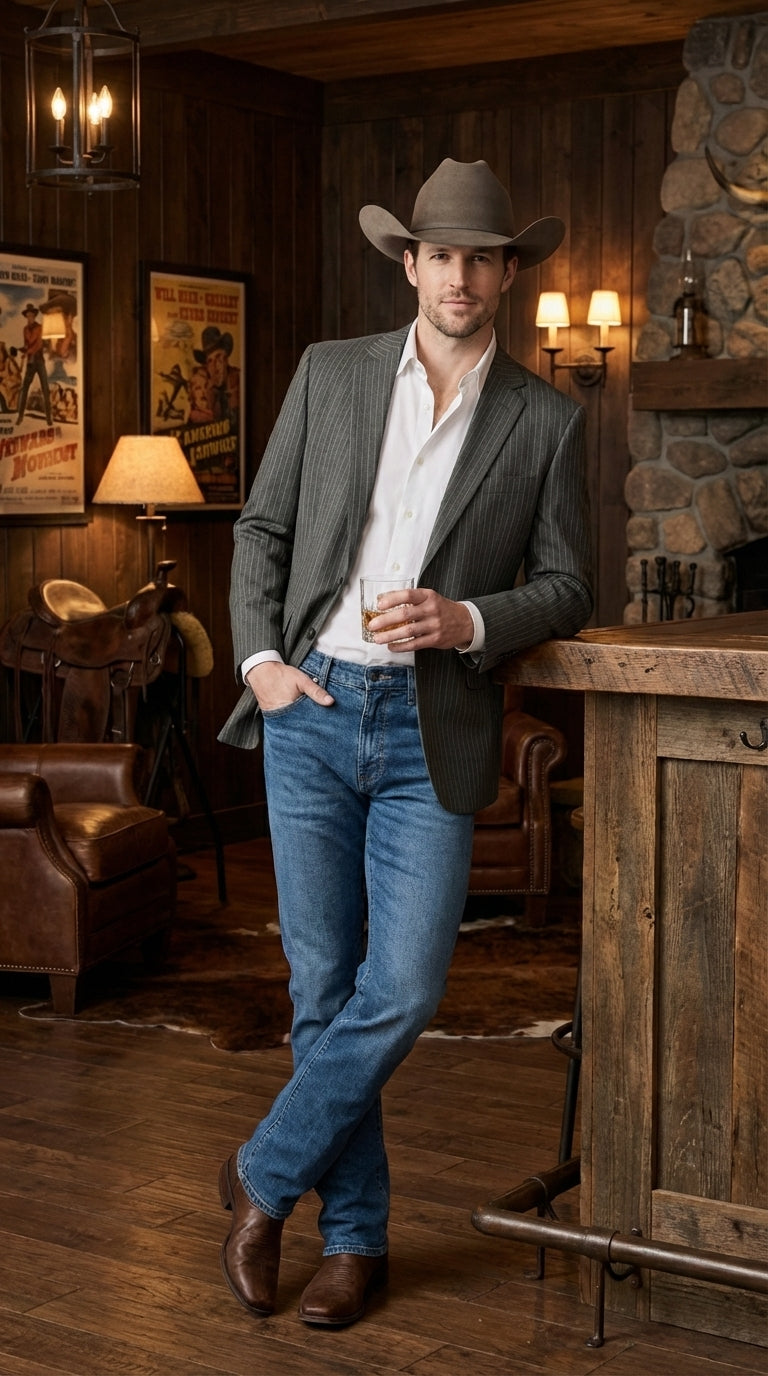 Mens Charcoal Gray Pinstripe Western Blazer – Classic Cowboy Style Jacket for Business, Formal and Smart Casual Wear