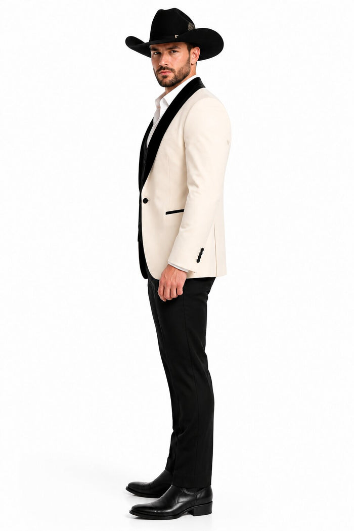 Mens Western Tuxedo Suit – Cream Cowboy Blazer with Black Velvet Vest and Satin Shawl Lapel