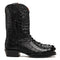 Hornback crocodile cowboy boots: black leather, textured scales. Pointed toe, tractor sole, slight heel. Rugged yet refined.
