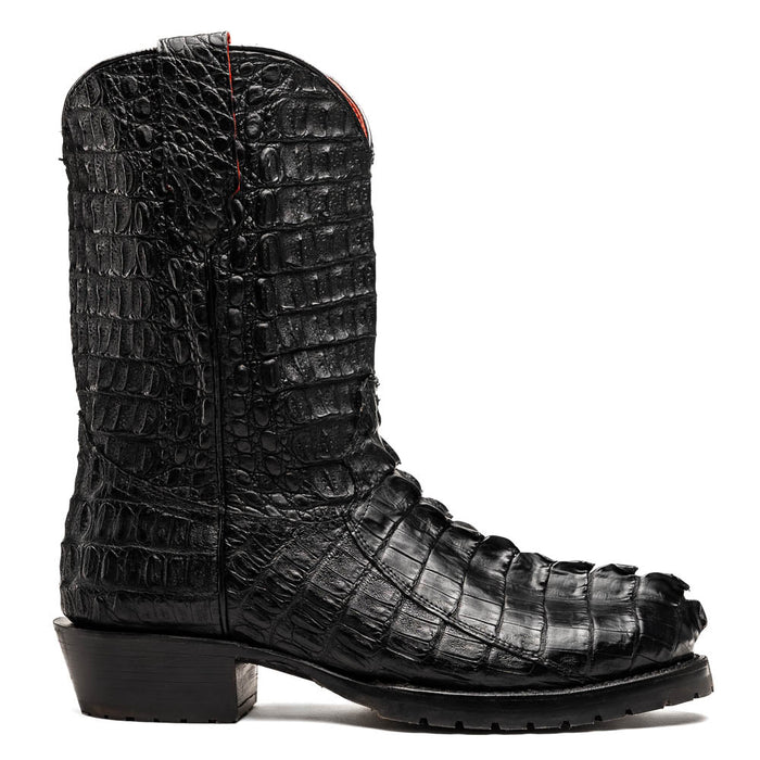 Hornback crocodile cowboy boots: black leather, textured scales. Pointed toe, tractor sole, slight heel. Rugged yet refined.

