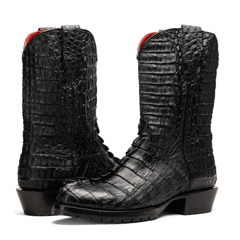 Marco Di Milano Marlboro Black cowboy boots: tall, black hornback crocodile tail. Pointed toe, tractor sole, slight heel. Red lining. Vertical stitching, shiny finish, distinct scales.
