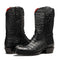 Marco Di Milano Marlboro Black cowboy boots: tall, black hornback crocodile tail. Pointed toe, tractor sole, slight heel. Red lining. Vertical stitching, shiny finish, distinct scales.
