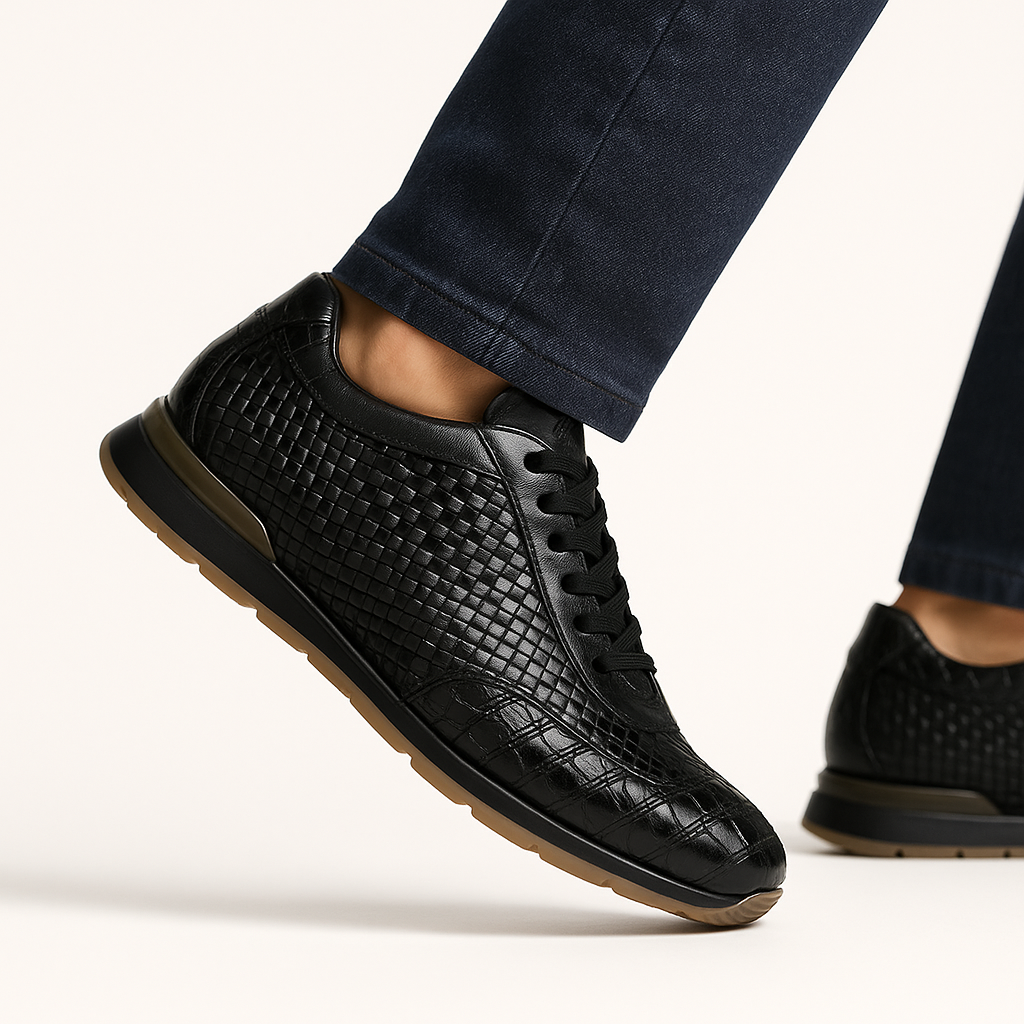 Marco Di Milano Roma Men's Shoes Black Genuine Caiman Crocodile / Woven Leather Fashion Sneakers