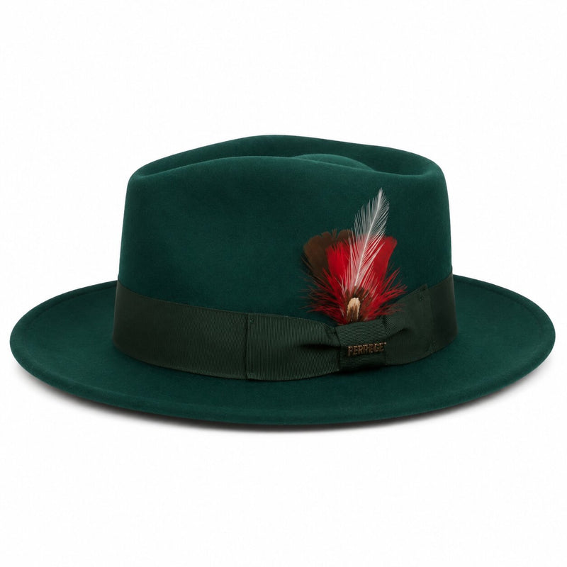 Gangster 100% Australian Wool Crushable Mens Fedora Hat - Removable Feather Gangster  Hunter Green Mens Fedora Hat