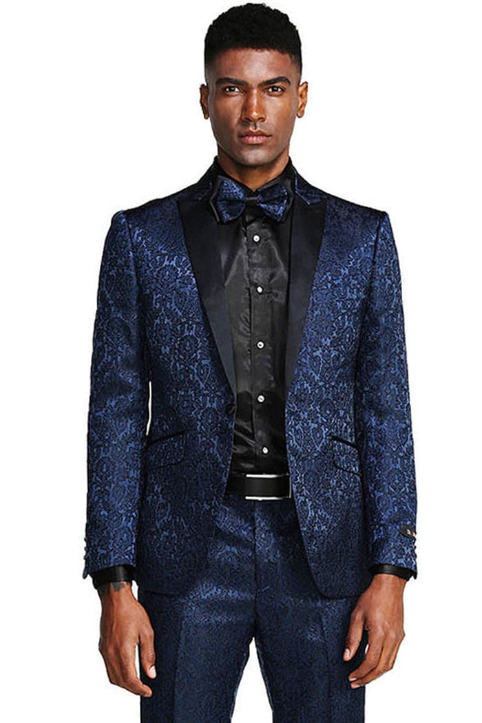 "Navy Men's Slim Fit Paisley Tuxedo - One Button Wedding & Prom 2026 Suit"
