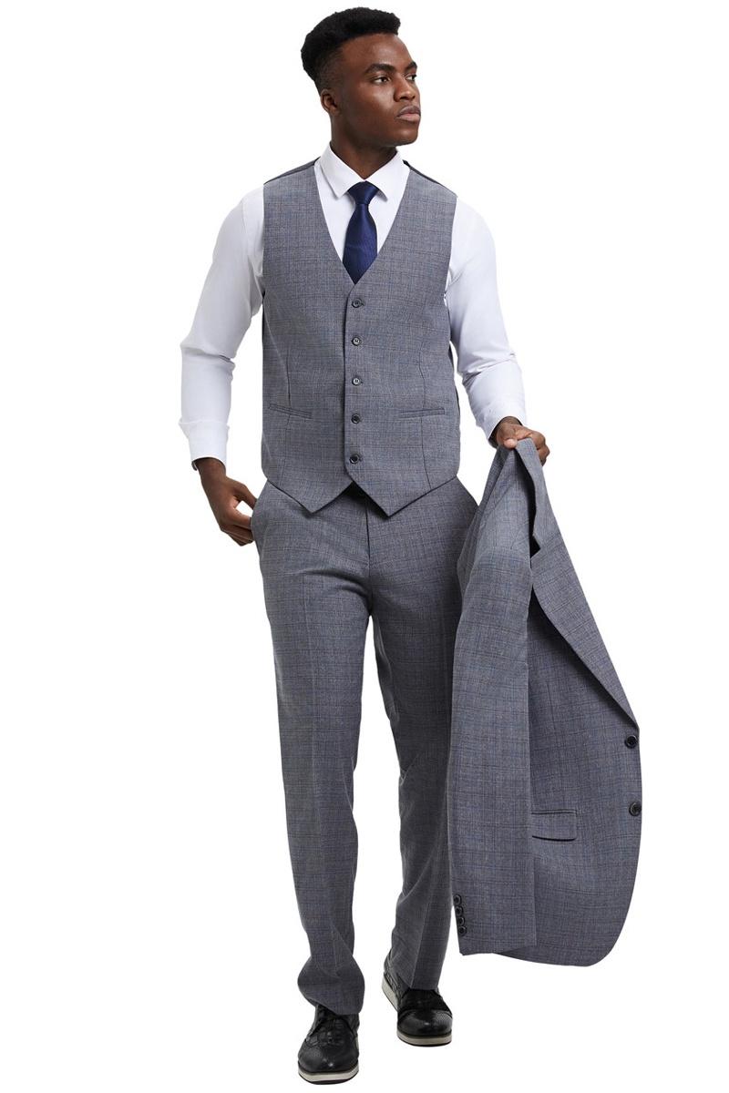 The men's Stacy Adams modern fit vested suit features a light grey micro check plaid pattern. The vest is fitted with a five-button closure and the suit pants complement the vest's design.