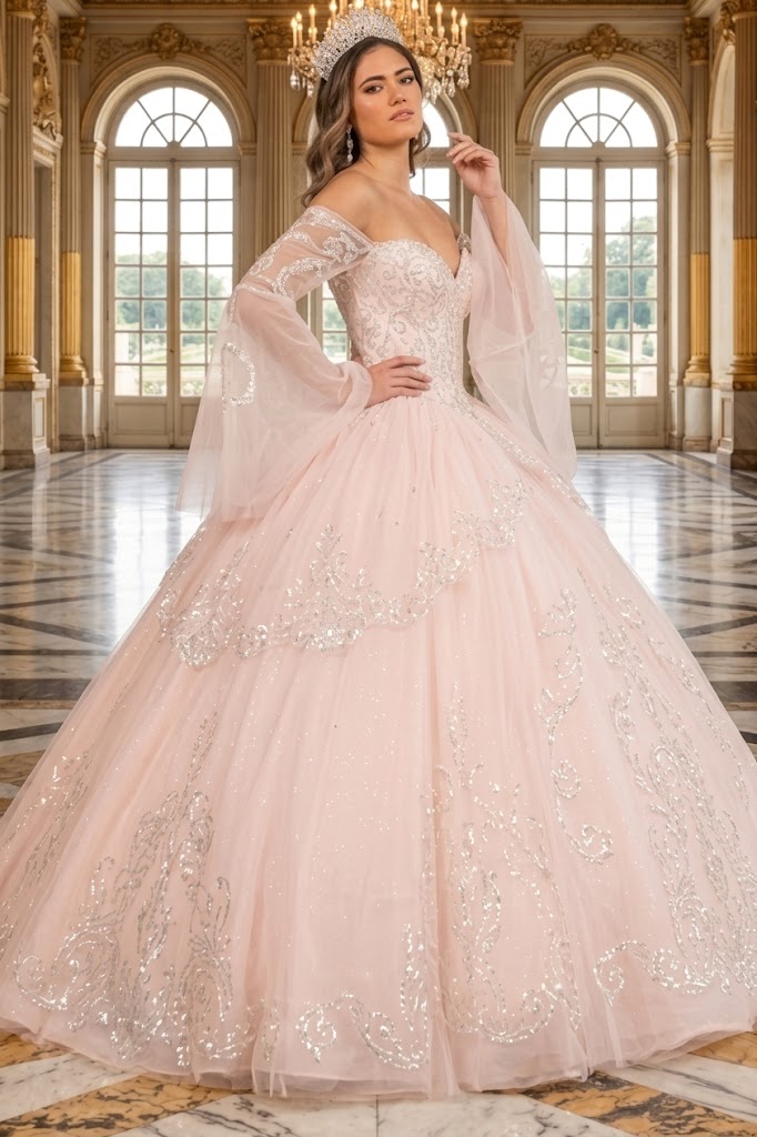 Off Shoulder Quinceañera Ball Gown with Glitter Tulle Sequin Embroidery Dress by Elizabeth K GL3109