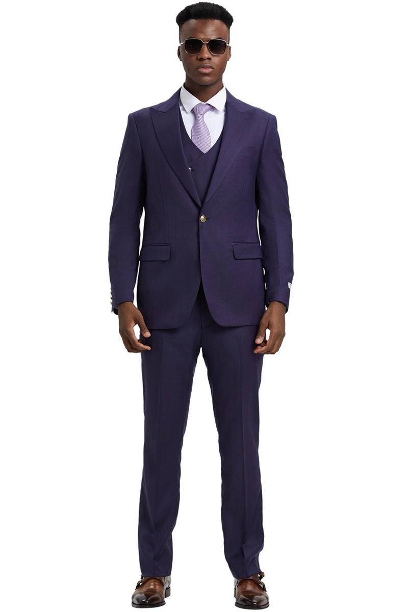 Men's Stacy Adams eggplant purple pinstripe suit. Fitted, one-button blazer with peak lapels. Matching vest. Tailored, straight-cut trousers. Smooth material.
