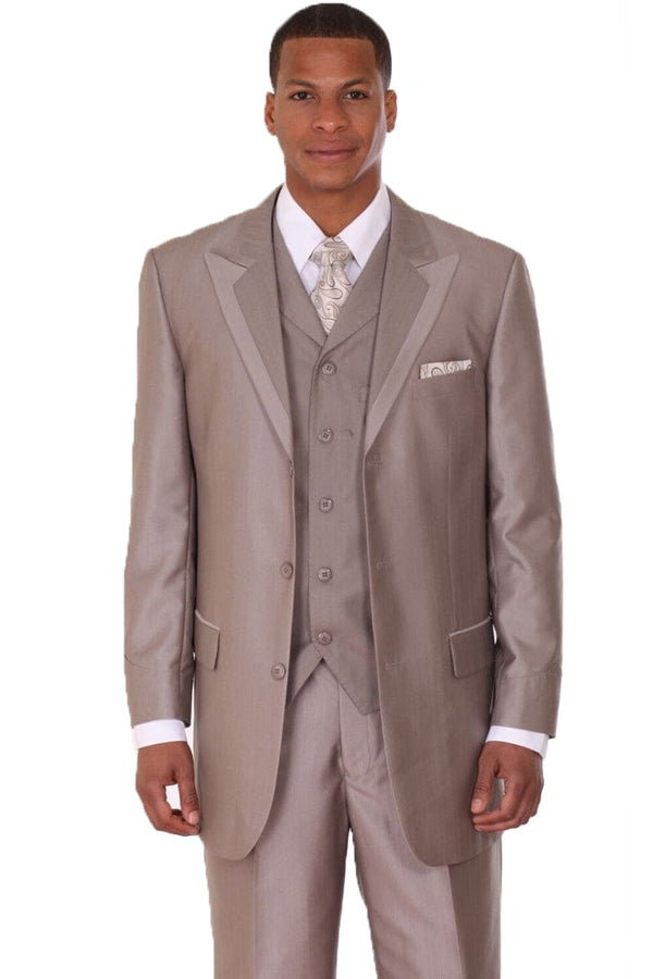 "Sharkskin Suit Men's Tan - 3 Button Vested Wide Peak Lapel"