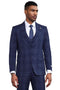 Navy Stacy Adams suit with double windowpane plaid. Fitted, two-button closure, shawl lapel. Includes matching vest, front pockets, and button cuffs. Modern, classic tailoring.
