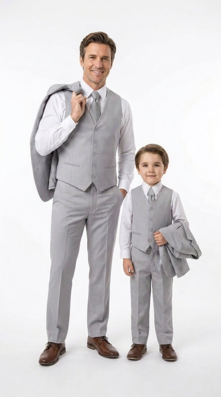 Dad and Son Suit – Father and Son Matching Light Gray 3-Piece Wedding Suits in Very Light Grey - Silver Ash Color