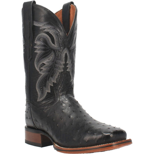 Dan Post Alamosa men's boots: Black full quill ostrich leather with a pointed square toe. Detailed stitching on the shaft, medium heel, and side cut-out accents.
