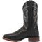 Dan Post Alamosa men's boots: Black full quill ostrich leather with square toe. Features pronounced heel, taller shaft with silver stitching, and pull tabs. Luxurious and stylish design.
