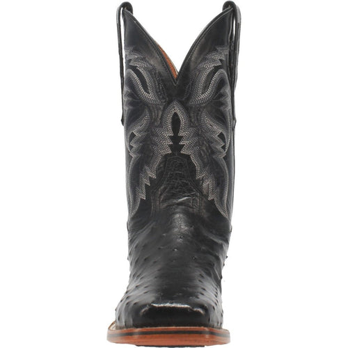 Dan Post Alamosa men's boots in black ostrich leather. Square toe design with detailed stitching on the shaft. Brown leather sole. Features pull tabs for easy wear.

