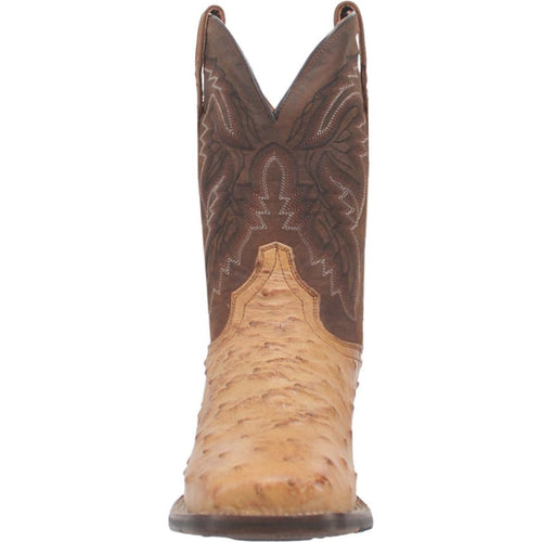 Dan Post Alamosa boots: Men's full quill ostrich leather. Tan ostrich foot, chocolate leather shaft. Square toe, decorative shaft stitching. Classic Western style.
