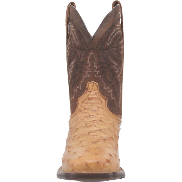 Dan Post Alamosa boots: Men's full quill ostrich leather. Tan ostrich foot, chocolate leather shaft. Square toe, decorative shaft stitching. Classic Western style.
