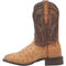 Dan Post Alamosa boots: Men's tan full quill ostrich leather with textured body, dark brown shaft with leaf/vine stitching. Square toe, reinforced heel.
