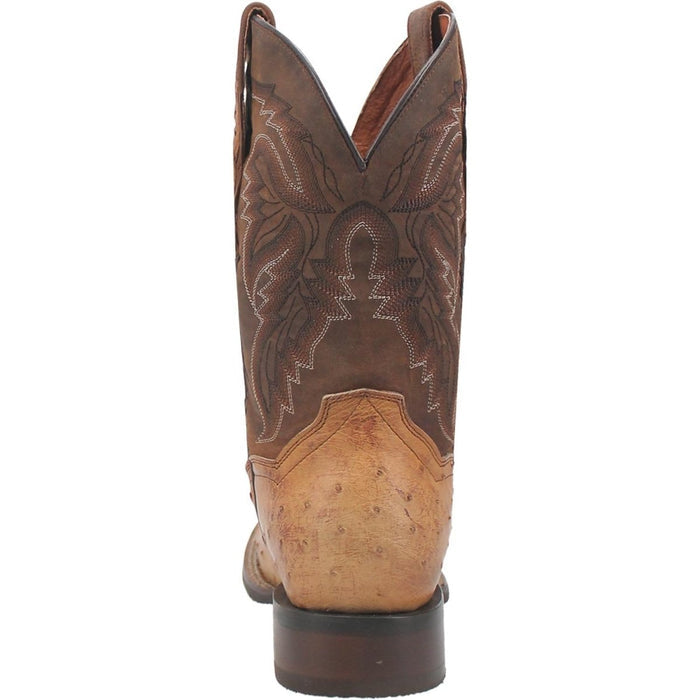 Dan Post Alamosa boots: Men's full quill ostrich. Dark brown stitched leather shaft with a V-cut meets light beige ostrich foot. Square toe, black outsole.
